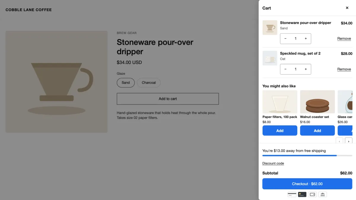 Cart drawer with free shipping progress and product suggestions