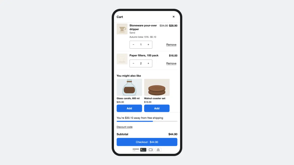 Cart drawer on a phone with an automatic discount from checkout